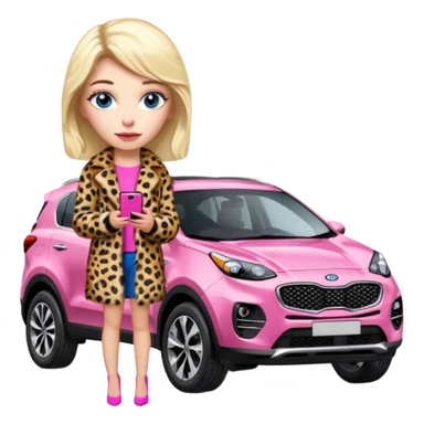 a blondie queen Arina in a leopard fur and pink iPhone on her kia Sportage car. blue eyes sticker