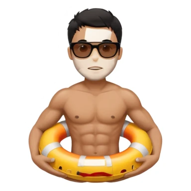 Dark Tan Muscular lifeguard without shirt with messy black hair with sunglasses, with life preserver sticker