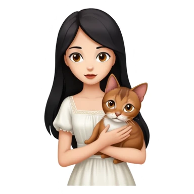 beautiful girl with long black hair wearing a white dress holding an Abyssinian cat with reddish-brown fur in her arms sticker