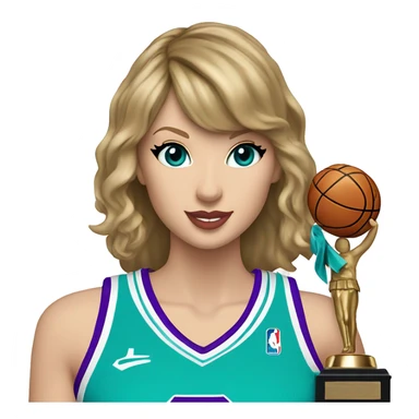 Taylor Swift wearing purple and aqua basketball uniform holding trophy with SWIFTYS on uniform  sticker