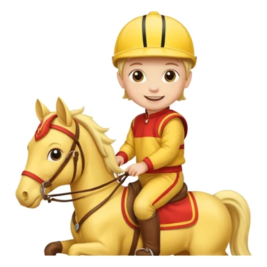 baby riding horse wearing racing cloth yellow sticker