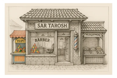 brohouse sartarosh xonasini chizib ber tashqaridan va uning yonida yupi va musqaymoq sotadigan lavkalar bulsin sticker