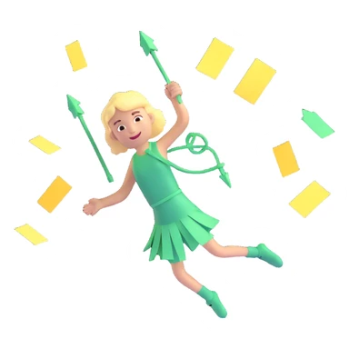 3D icon of a person in mid-jump, multitasking, arrows radiating outward, floating sticky notes, sparkles, dynamic motion, bright colors, vibrant lighting, playful and organized chaos, planning style sticker