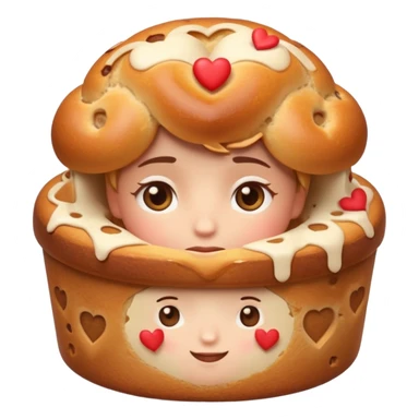 Apple-style emoji illustration of a cuteperson  with dreamy eyes thinking of a traditional panettone, small hearts floating around, soft 3D emoji style, smooth gradients, rounded shapes, warm festive colors, simple expression, centered composition, transparent background, no text. sticker