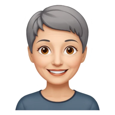 woman 60 years old, shaved short dark grey hair, brown eyes smile sticker
