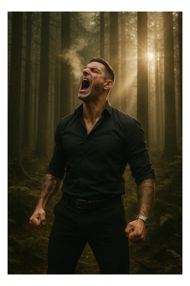 A man screaming towards the sky in a forest, with visible breath vapor and light rays shining through the trees, symbolizing the release of deep tension and the reclaiming of inner peace through cathartic screaming breathwork sticker