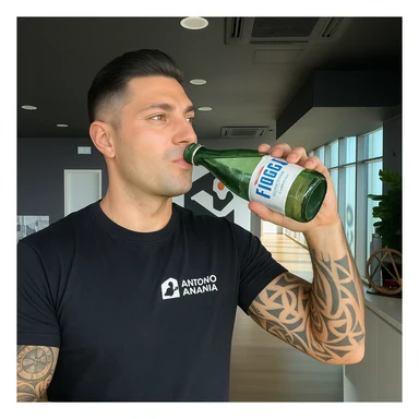 Realistic man drinking a bottle of Fiuggi water in glass, inspired by the provided photo. The bottle should be clearly glass and recognizable as Fiuggi water. Positive atmosphere, realistic style. sticker