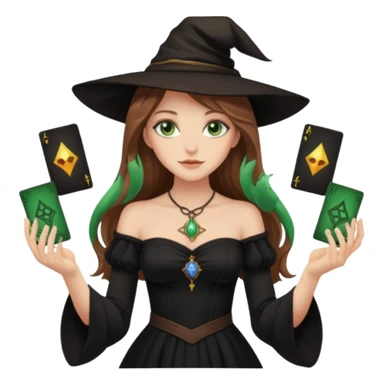  witch girl with long light brown hair and green eyes and Tarot cards without hat and in sexy dress  sticker