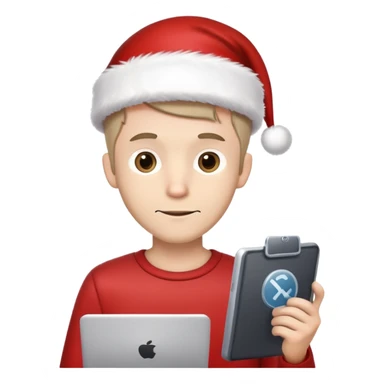 Short haired white mail, skinny, mustang, no beard, Santa Claus hat holding software developer tools sticker