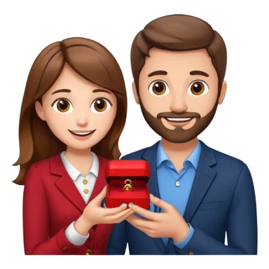 A brown haired man with a short beard proposing to a brown haired girl with a ring box sticker