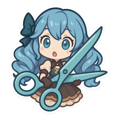Gwen from League of Legends, chibi style, surprised emote, oversized scissors, blue hair, wide eyes, cute doll-like expression sticker