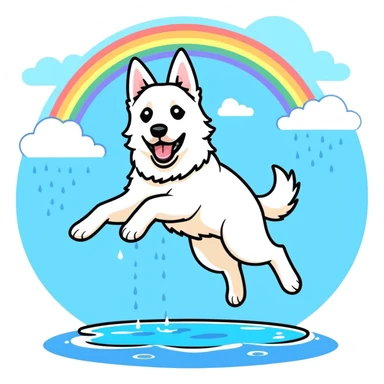 White belgian Shepard jumping over Rain puddles. There is a rainbow in the sky sticker