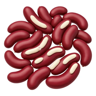 red beans, cluster, kidney-shaped, brick red to deep burgundy, smooth, plump, glossy, natural curves, no extras, no faces, clean 3D, soft shadows, transparent background, emoji scale sticker