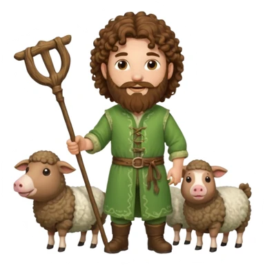 happy young shepard with long curly brown beard and long curly brown hair, in green magical outfit, with wooden shepard stick in hands, taking care of sheep and pigs sticker