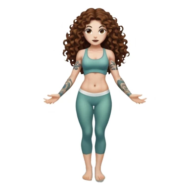 full body woman long curly brown hair brown eyes white skin tattoos muscular build lily pond spirit stance sticker