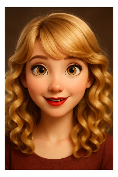 Redraw this character in a 3D Disney Pixar animation style with realistic lighting, soft textures, and expressive features. Keep the blonde curly hair, golden eyes, and red lips. Make it look like a Disney Pixar character. sticker