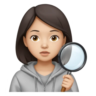 A brunette asian woman wearing hoodie holding a large magnifying glass and squinting at something to intently sticker