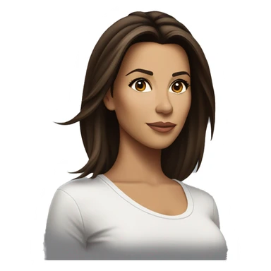3/4 face, contrasted, shadow, light, Eva Longoria expression, standing from a distance, thin nose, brunette woman, hazel eyes, long eyelashes, dark shoulder shaded hair, white t-shirt, jeans, white sneakers sticker