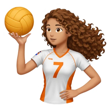a volleyball player in profile playing (white, brunette with long curly hair) (with a pink outfit with the number 7) and a ball with white and orange stripes sticker