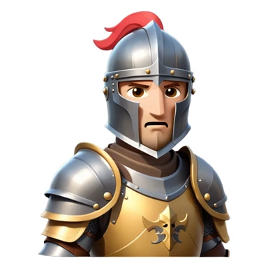 clash-of-clans-aesthetic_-cinematic-fearsome-and-majestic-knight-bust-portrait-emoji, rendered in a flat, vector-style with minimal shading and bold, simplified shapes typical of emoji art, depicting a battle-ready medieval knight standing, mounted on a heavily armored warhorse with plated barding gleaming in the sunlight. sticker