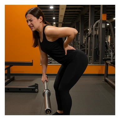 Edit the image of a less muscular woman performing a Romanian Deadlift (RDL) in a gym, side pose, wearing black sportswear, holding a barbell, with a back pain expression, one hand on the lower back, hyperrealistic 4K details, realistic gym environment. Variant 6: slightly change the position of the feet. sticker