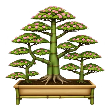 Wide Three tiered bonsai planters stand, shelving nine maple specimens and several smaller azaleas, frame made of one inch thick bamboo  sticker