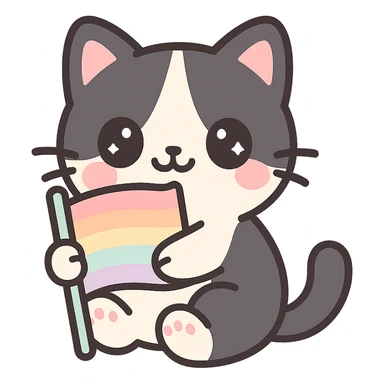 black and white cat hugging an LGBT flag, kawaii style sticker