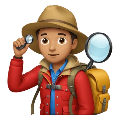 Explorer man with red jacket backpack and magnifying glass sticker