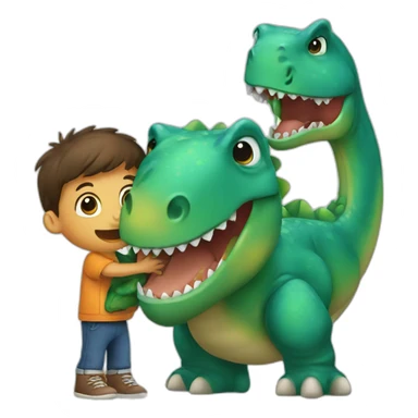 Kid hugging a dinosaur sticker