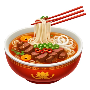 Jiangxi Rice Noodles with spicy beef soup, simplified emoji style with bold outlines and bright colors, cartoon style southern Chinese Fen specialty sticker