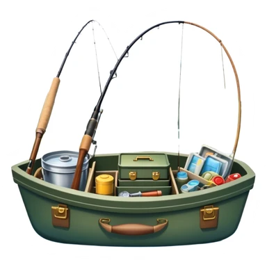 Icon for Fishing: a boat on the shore of a peaceful water body with a beautiful natural landscape, a fishing tackle box, a spinning rod. The icon should capture the tranquility and gear of a fishing adventure. Without frame. Transparent background. sticker