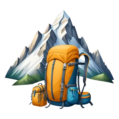 Icon for Mountain Tourism and Climbing: a mountain peak in the background, climbing gear and backpack. The icon should capture the adventure and challenge of alpine exploration. Transparent background. sticker