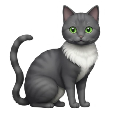 full body view of beautiful female solid dark grey cat with green eyes, grey face, white toes and white patch on chest sticker