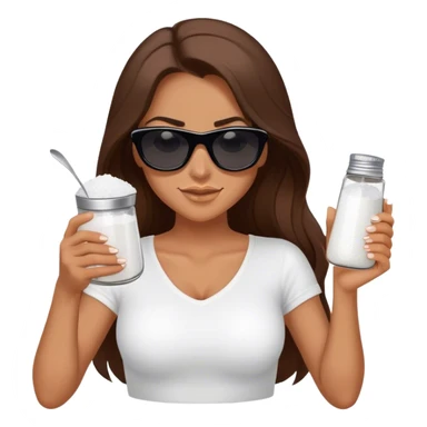 devious woman with long brown hair, tan skin, and dark sunglasses holding a salt shaker filled with white table salt. She is sprinkling the salt out from the shaker with a smirking expression, not smiling sticker
