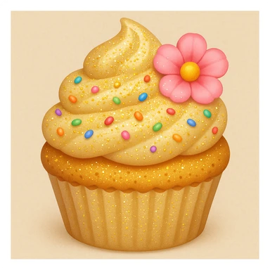 Add edible glitter and a small pink flower to the cupcake with beige frosting and rainbow sprinkles in emoji style. sticker