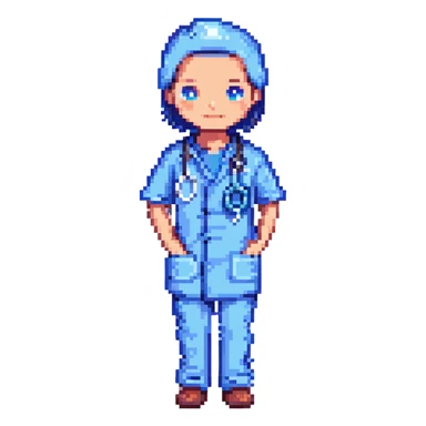doctor in blue scrubs with stethoscope, pixel art style, simple background sticker