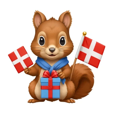 a squirrel holding a present and a Swiss flag, both objects clearly visible, simple white background sticker