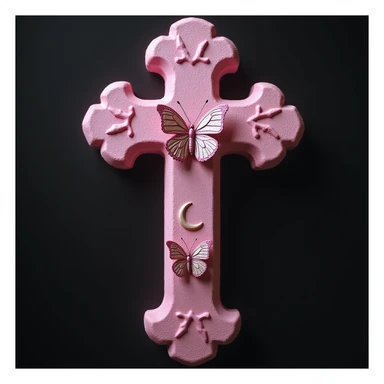 realistic gothic cross, pink with butterfly accents and a crescent moon, photorealistic style, no background sticker