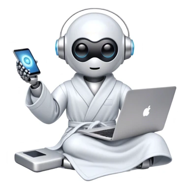 Emoji of a remote-working robot in a cozy smooth bathrobe with a laptop. The robot has a sleek helmet-like head with LED digital eyes. Relaxed yet high-tech vibe. sticker