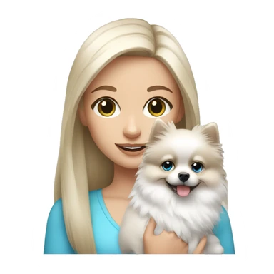 White Brunette girl with blue eyes  holding   white pomeranian  sticker