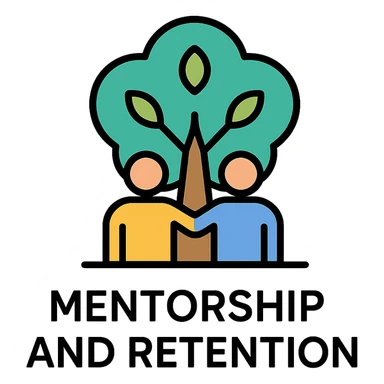 mentorship and retention icon, abstract tree with two figures under it, representing growth and support, minimal, corporate style sticker