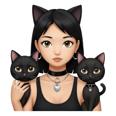 Asian girl, black hair.  Holding two BLACK cats with one cat has a round fat face. Both pure black.  The girl also wearing a black singlet, a black chocker, silver round hook earring, and wearing eyeliner.  sticker