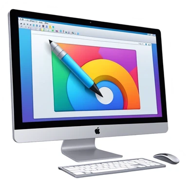 Computer graphics icon, large monitor with graphic design software open, graphic tablet, stylus, vibrant colors, minimalistic style, clean lines, transparent background. sticker
