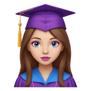 girl with beautiful long brown hair, blue eyes, long lashes makeup, sexy pink lips, wearing a purple graduation cap and gown sticker