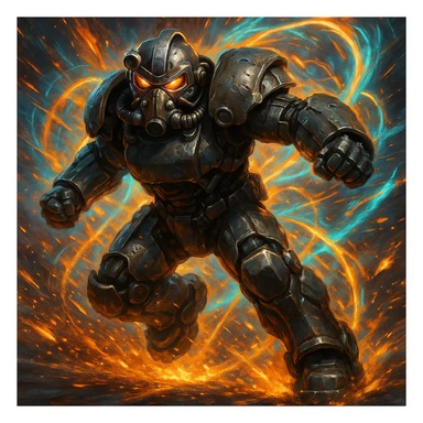X-01 power armor, action pose, dynamic, sparks, energy effects sticker