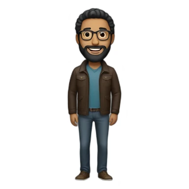 a brown man with a long beard, wearing glasses, jacket and a smile on his face. full body image black hair sticker