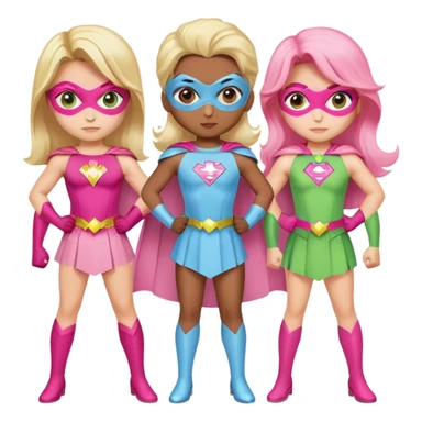 three superhero girls standing together - one in light blue costume, one in pink costume, and one in light green costume sticker