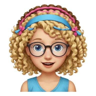 blond kid with unique face features and very curly hair kid girl happy and big glasess and big nose and very blue eyes and headband with freckles sticker