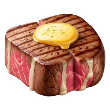 Cinematic thick-cut steak, perfectly seared with grill marks, a juicy pink center, butter melting on top, rich and savory, warm glow, sizzling and mouthwatering, highly detailed and appetizing. sticker