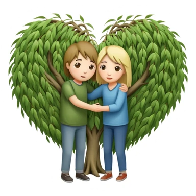 heart-shaped weeping willow tree with two people inside giving each other a supportive, caring hug, like close friends comforting each other, with a small heart above them sticker